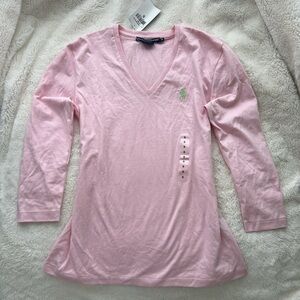 Pink & Green V-Neck Long Sleeve Polo Ralph Lauren Shirt